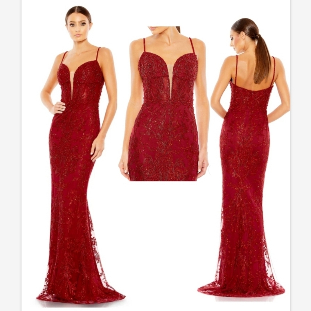 EMBELLISHED PLUNGE NECK ILLUSION MERMAID GOWN SZ 4 NWT
